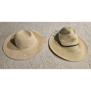 NWT Lot of 2 OS A New Day Womens Straw Sun Hats Daisy Embroidered Floppy